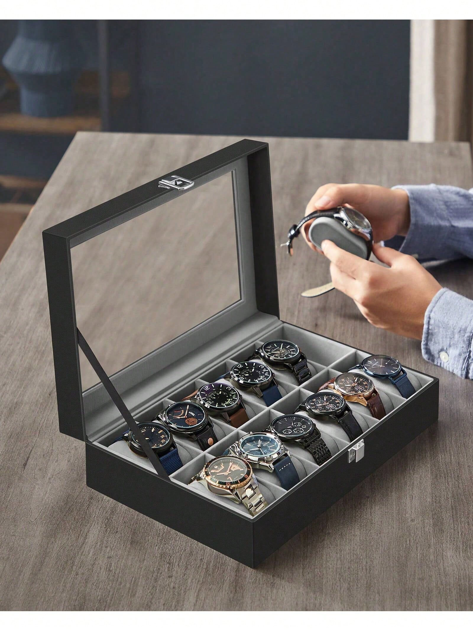 Caixa de Relógios com 12 Compa - Watch Display Box avaliação e preço